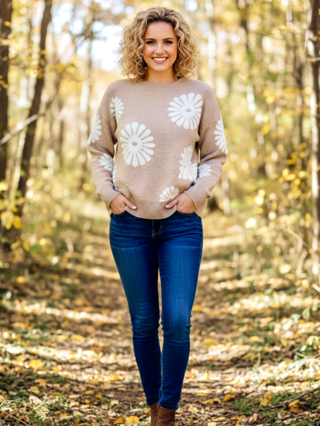 Perfee Flower Round Neck Long Sleeve Sweater