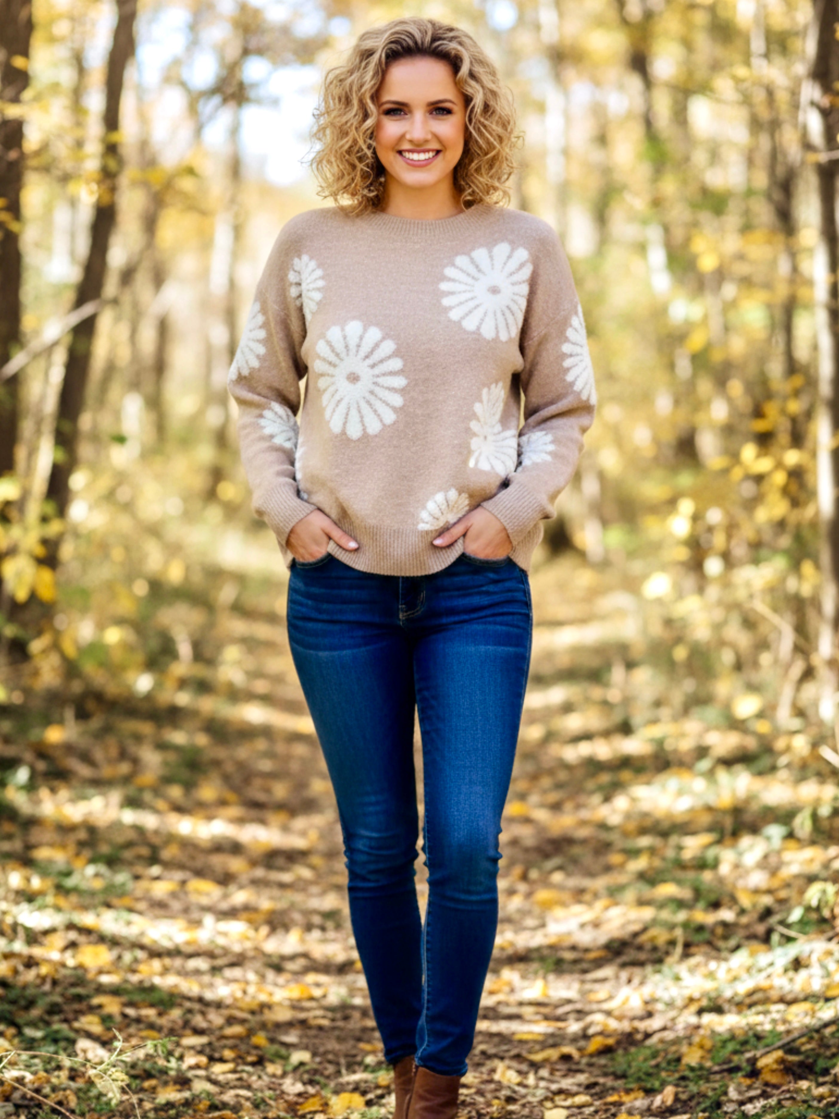 Perfee Flower Round Neck Long Sleeve Sweater