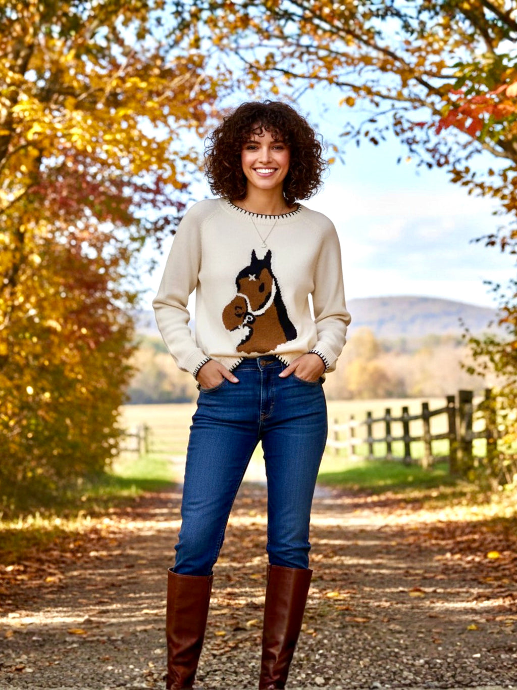 SO ME Horse Knit Sweater Top with Blanket Stitch
