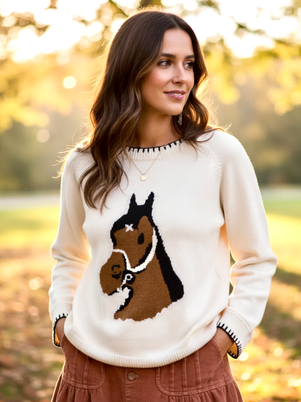 SO ME Horse Knit Sweater Top with Blanket Stitch