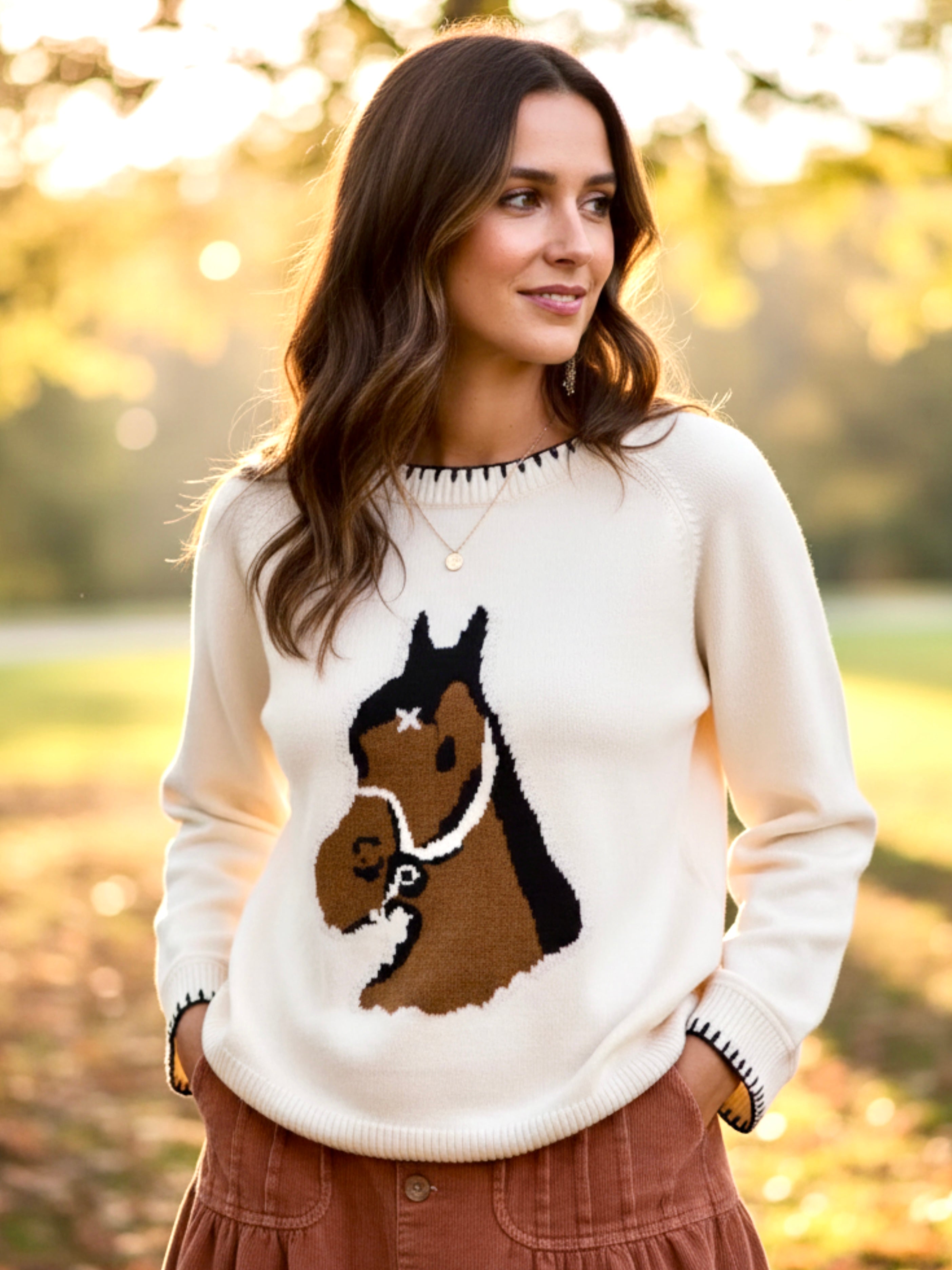 SO ME Horse Knit Sweater Top with Blanket Stitch