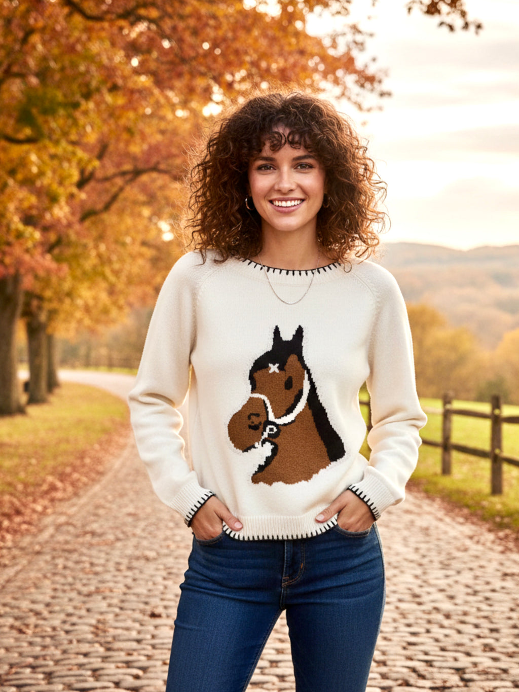 SO ME Horse Knit Sweater Top with Blanket Stitch