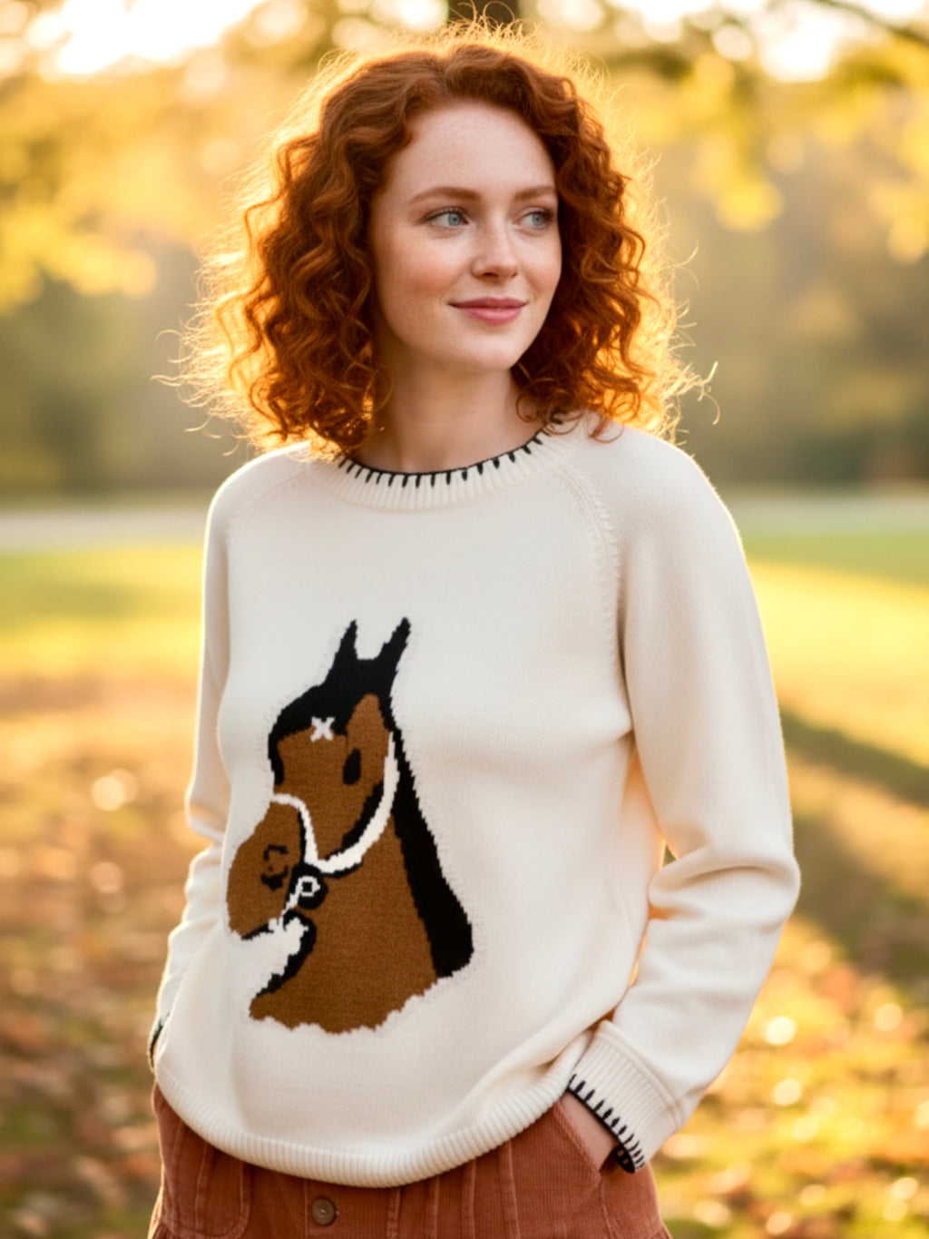 SO ME Horse Knit Sweater Top with Blanket Stitch