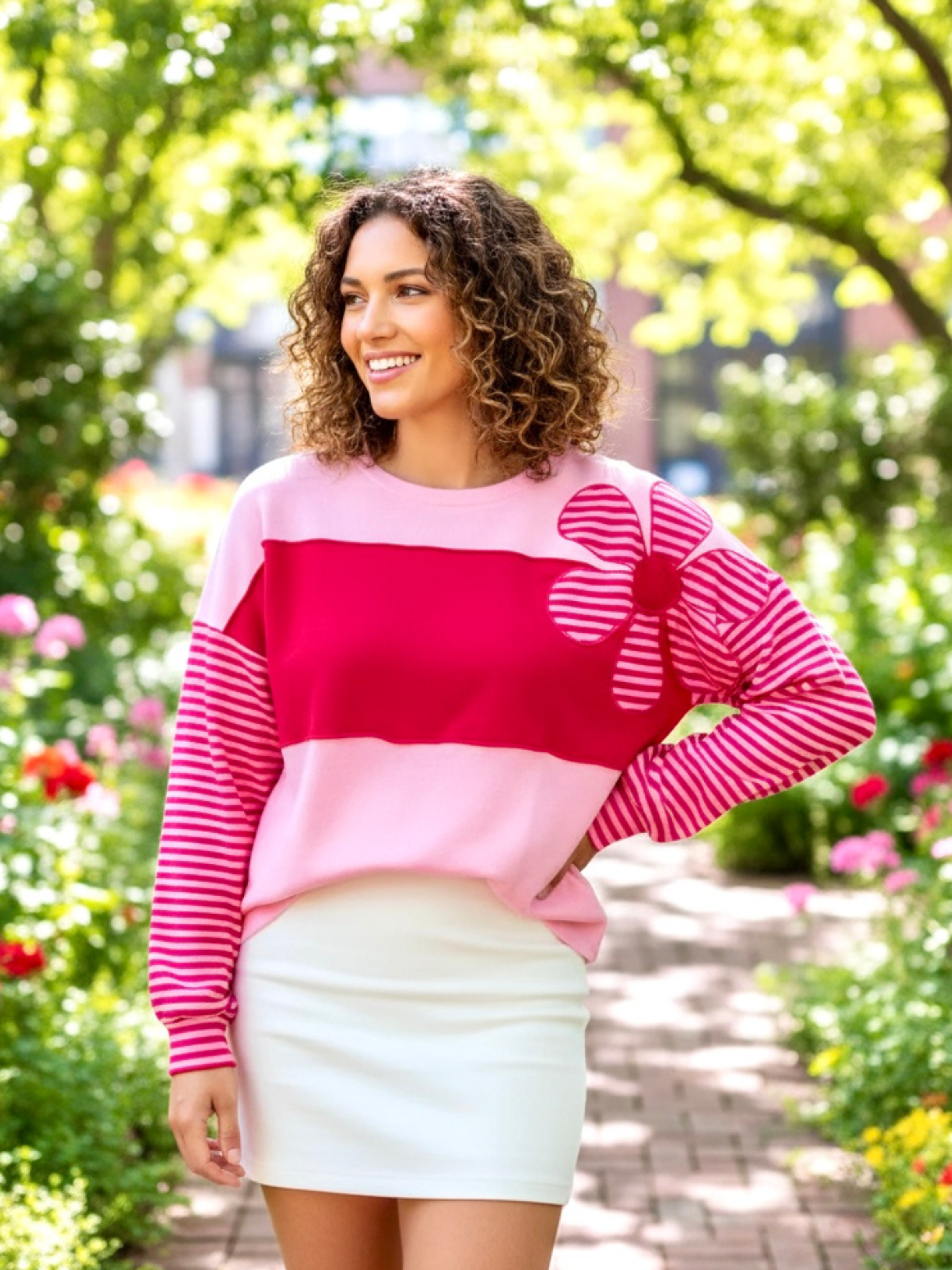 Floral Patch Striped Sleeve Textured Top