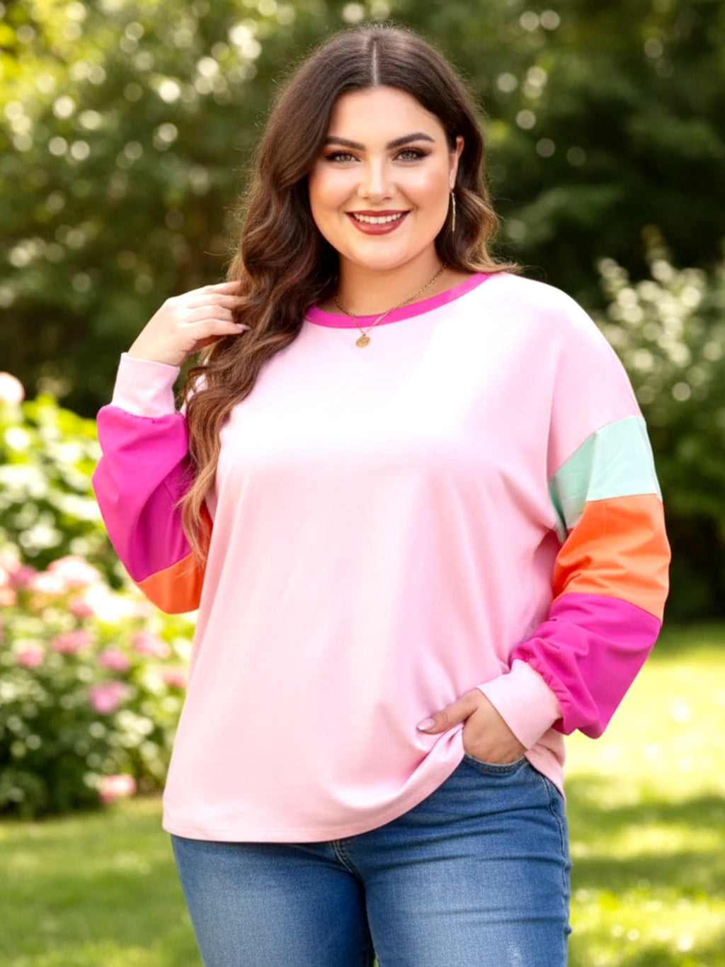 Plus Size Colorblock Patchwork Long Sleeve Top