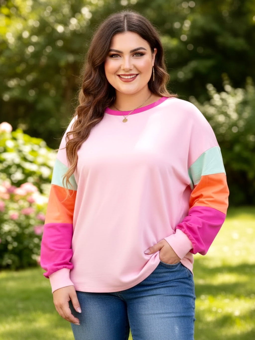Plus Size Colorblock Patchwork Long Sleeve Top