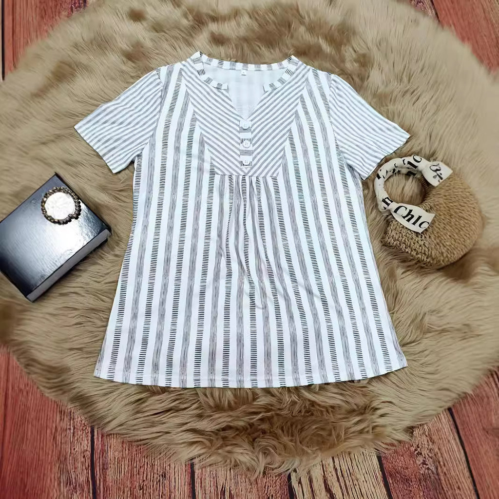 Womens V-neck Striped Patchwork Blouse