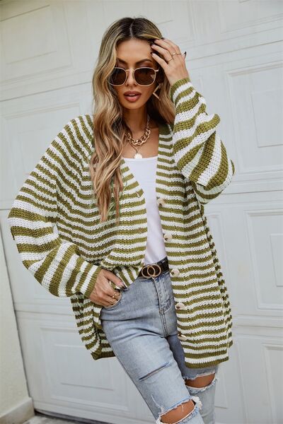 Green & White Lined Cardigan