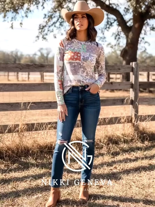 Floral Patchwork Mesh Mock Neck Long Sleeve Top