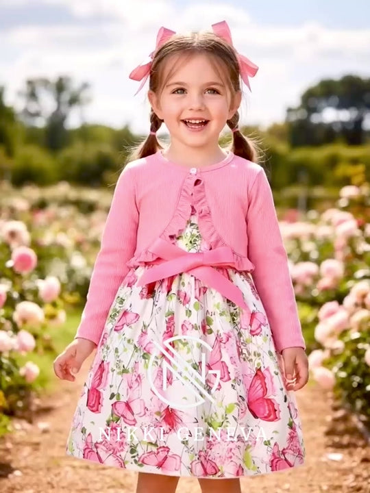 Children's Butterfly Print Sleeveless Dress with Cardigan Set
