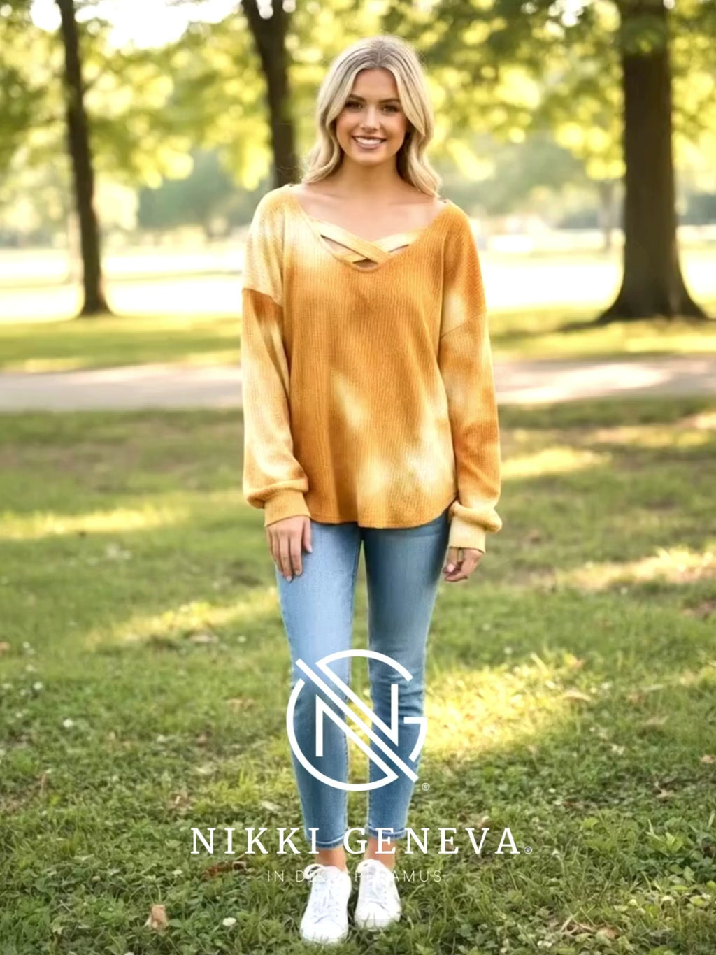 BiBi Tie Dye Thermal Waffle V Neck Top With Caged Neck