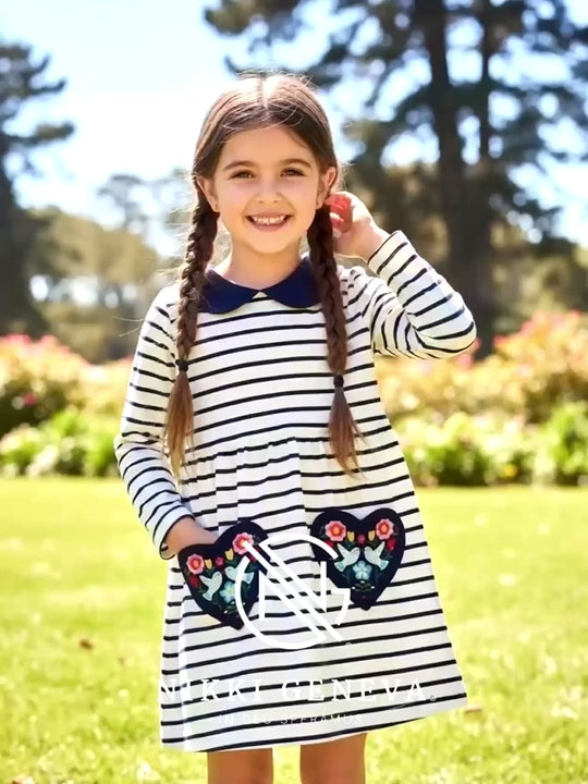 Children's Embroidered Striped Long Sleeve Dress