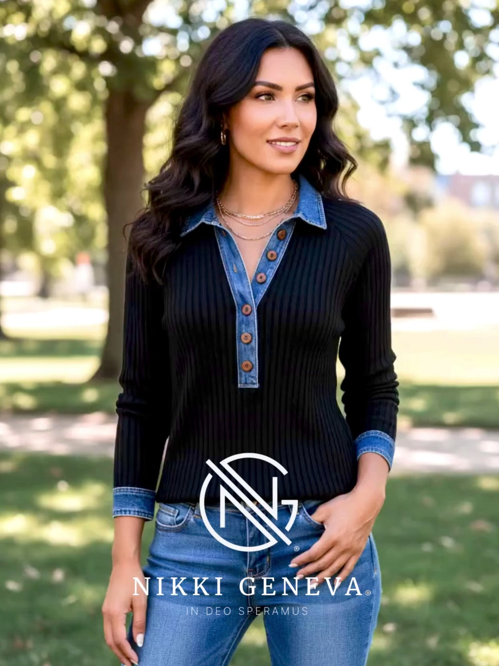Full Size Denim Trim Button Detail Ribbed Knit Top Plus Size