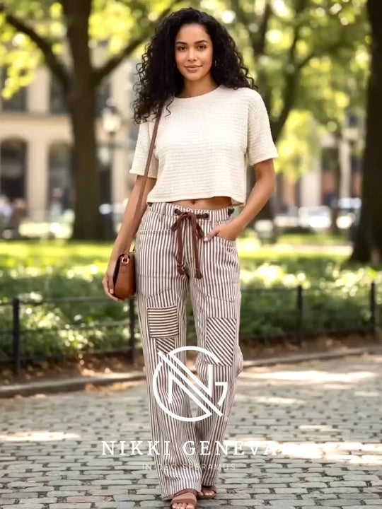 BiBi Drawstring Striped Twill Barrel Pants