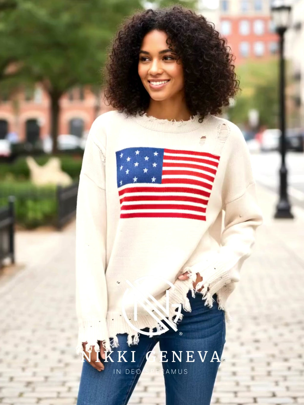 US Flag Distressed Round Neck Long Sleeve Sweater