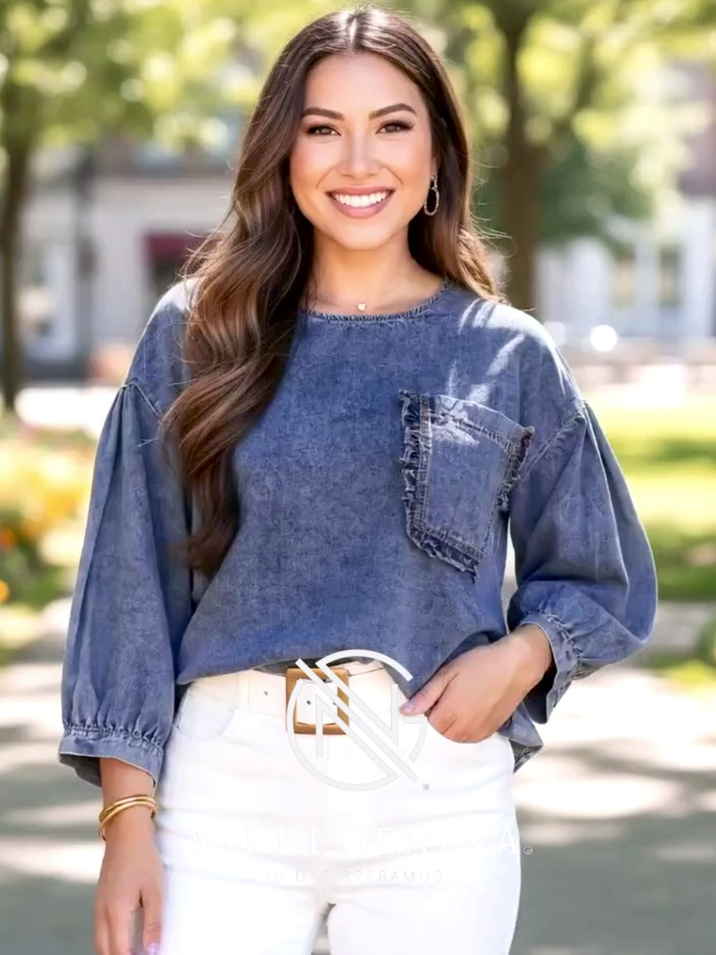 3/4 Sleeve Ruffled Patched Pocket Denim Blouse