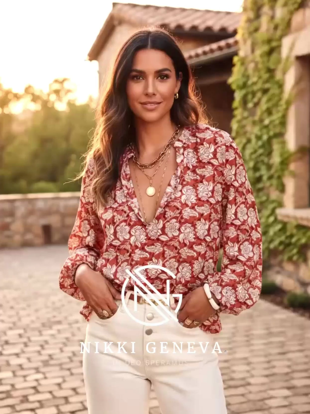 Floral Print Split Neck Pleated Long Sleeve Blouse