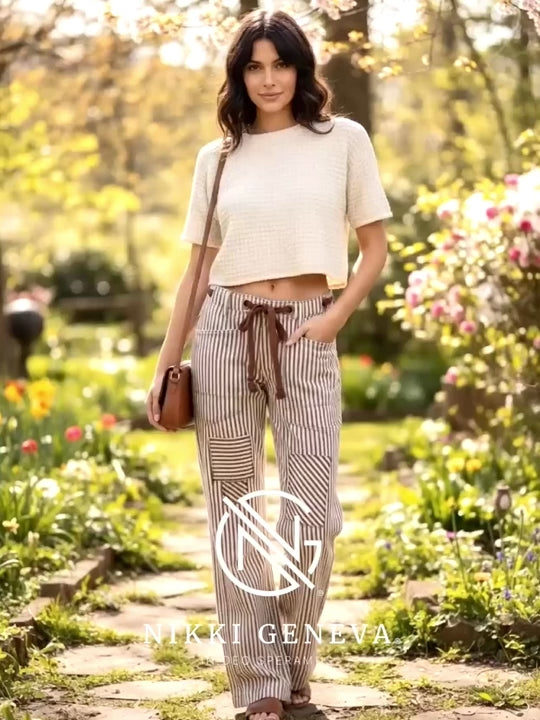 BiBi Drawstring Striped Twill Barrel Pants