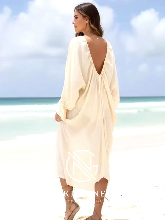 Backless Drawstring Back Flounce Sleeve Cover-Up