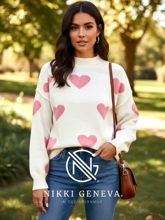 Heart Mock Neck Long Sleeve Sweater