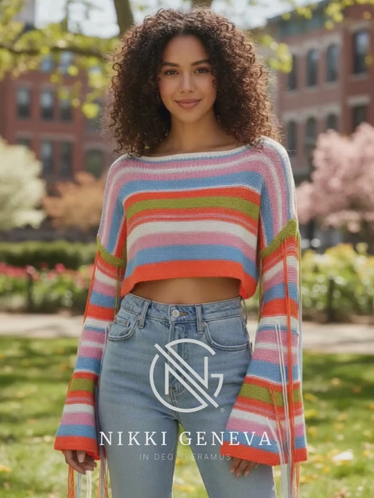 Fringe Striped Long Sleeve Crop Sweater