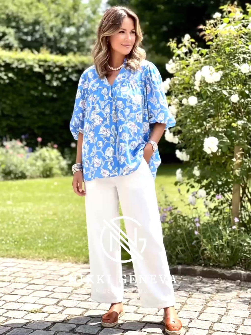 Notched Floral Print 3/4 Puff Sleeve Blouse