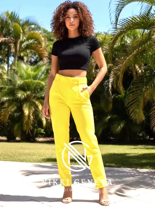 Women Ankle Slim Fit Cigarette Pants with Belt
