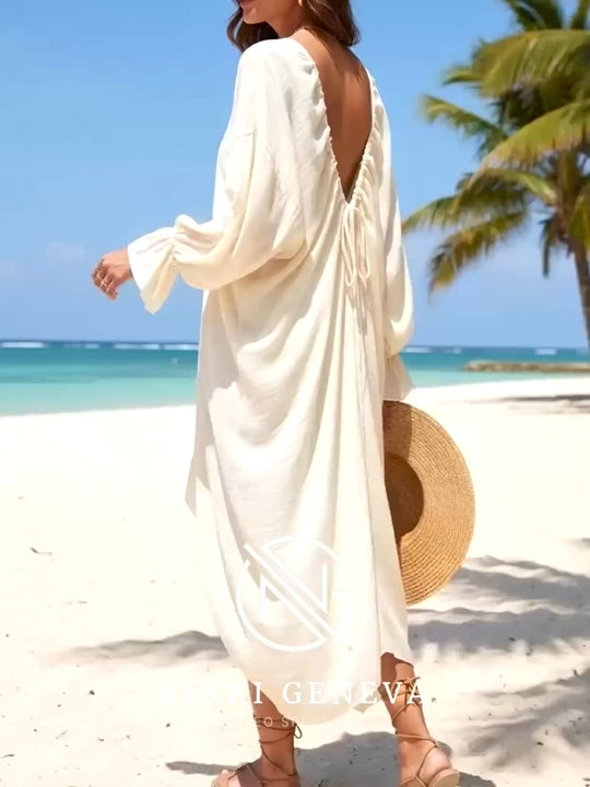 Backless Drawstring Back Flounce Sleeve Cover-Up