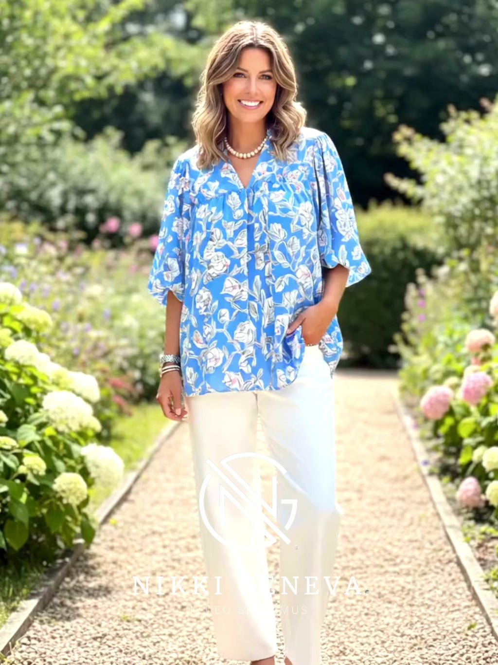 Notched Floral Print 3/4 Puff Sleeve Blouse