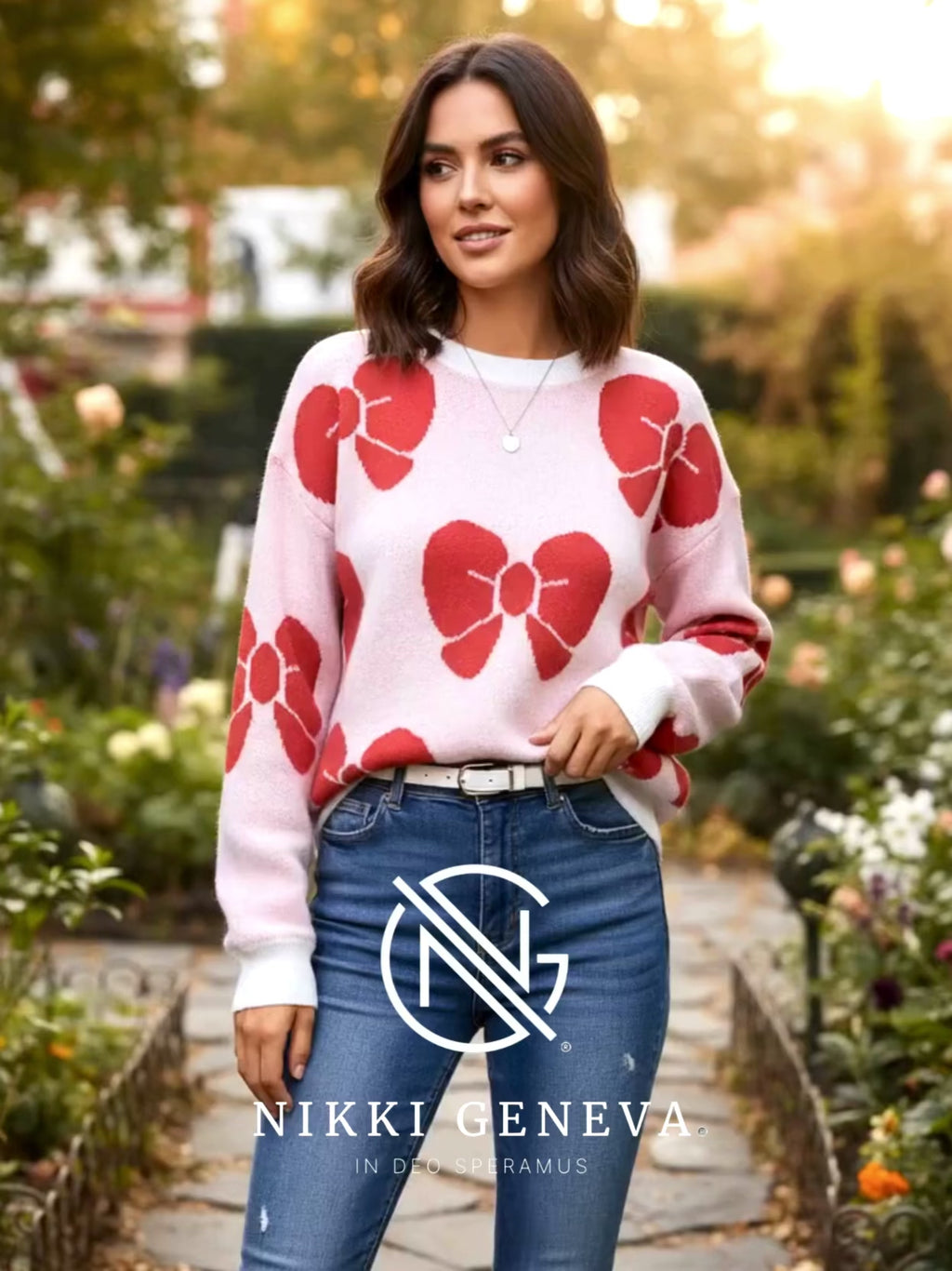 Angel Wings Bow Round Neck Dropped Shoulder Sweater