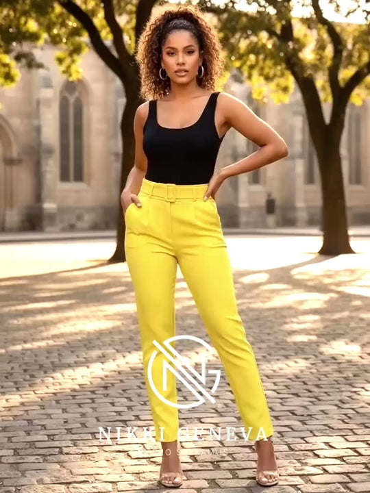 Women Ankle Slim Fit Cigarette Pants with Belt