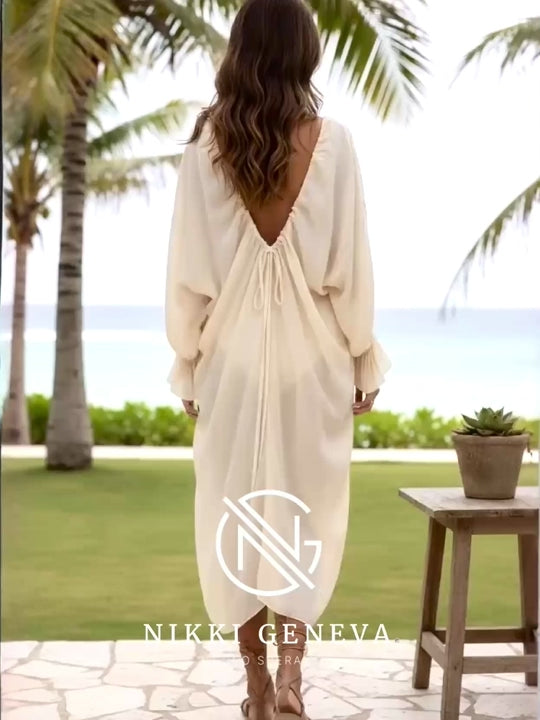 Backless Drawstring Back Flounce Sleeve Cover-Up