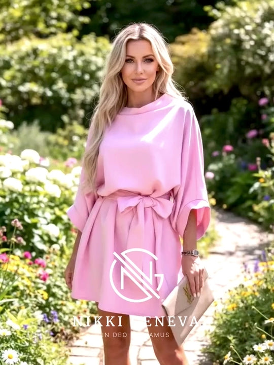 Batwing Sleeve Tie Waist Mini Dress